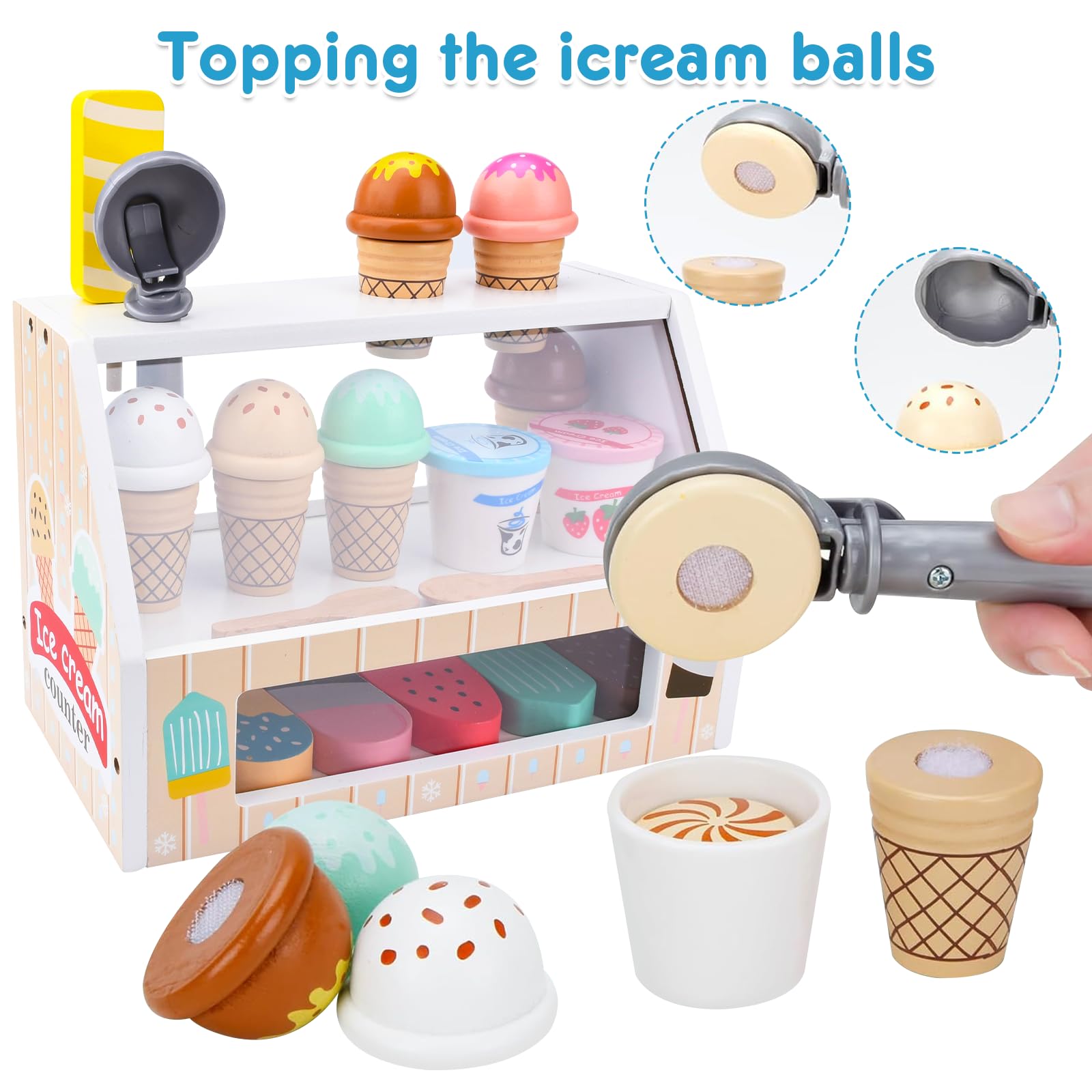 Gelateria Giocattolo per Bambini,Giocattolo per Gelato in Legno,Montessori Gioco di Ruolo Educativo Regalo per Bambini,Gelateria Giocattoli in Legno per Bambini da 3 4 5 6 Anni Ragazzi Ragazze - 3