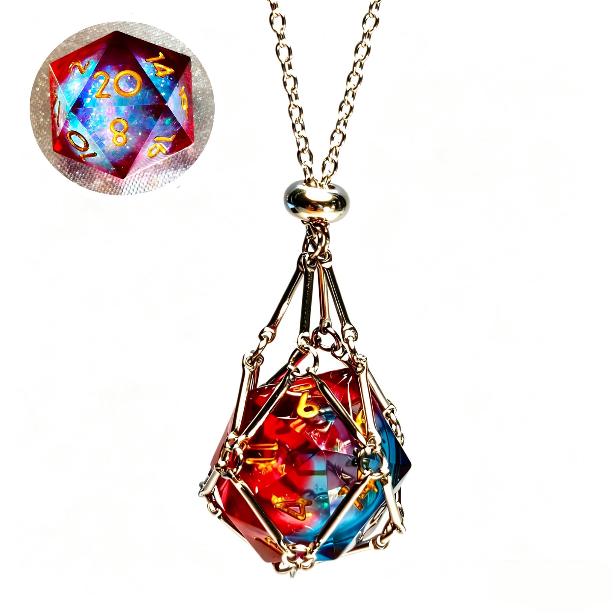 DND D20 Liquid Core Dice Necklace - Interchangeable Stainless Steel Cage for d&d Dice，Dice Pendant DND Gift for Dungeon Master, D&D Player and RPG Gamer (Red + Blue)