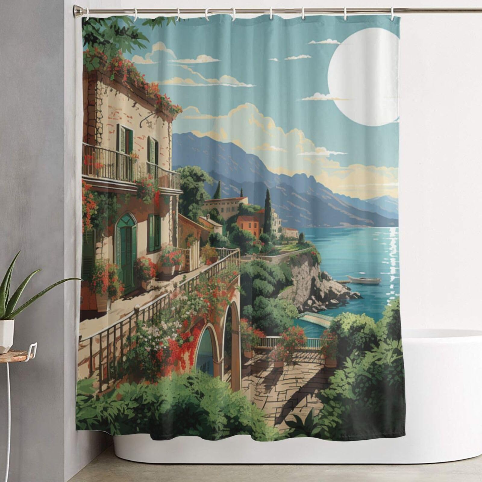 Rideau de douche imperméable style méditerranéen 182x152 cm avec 12 crochets inclus