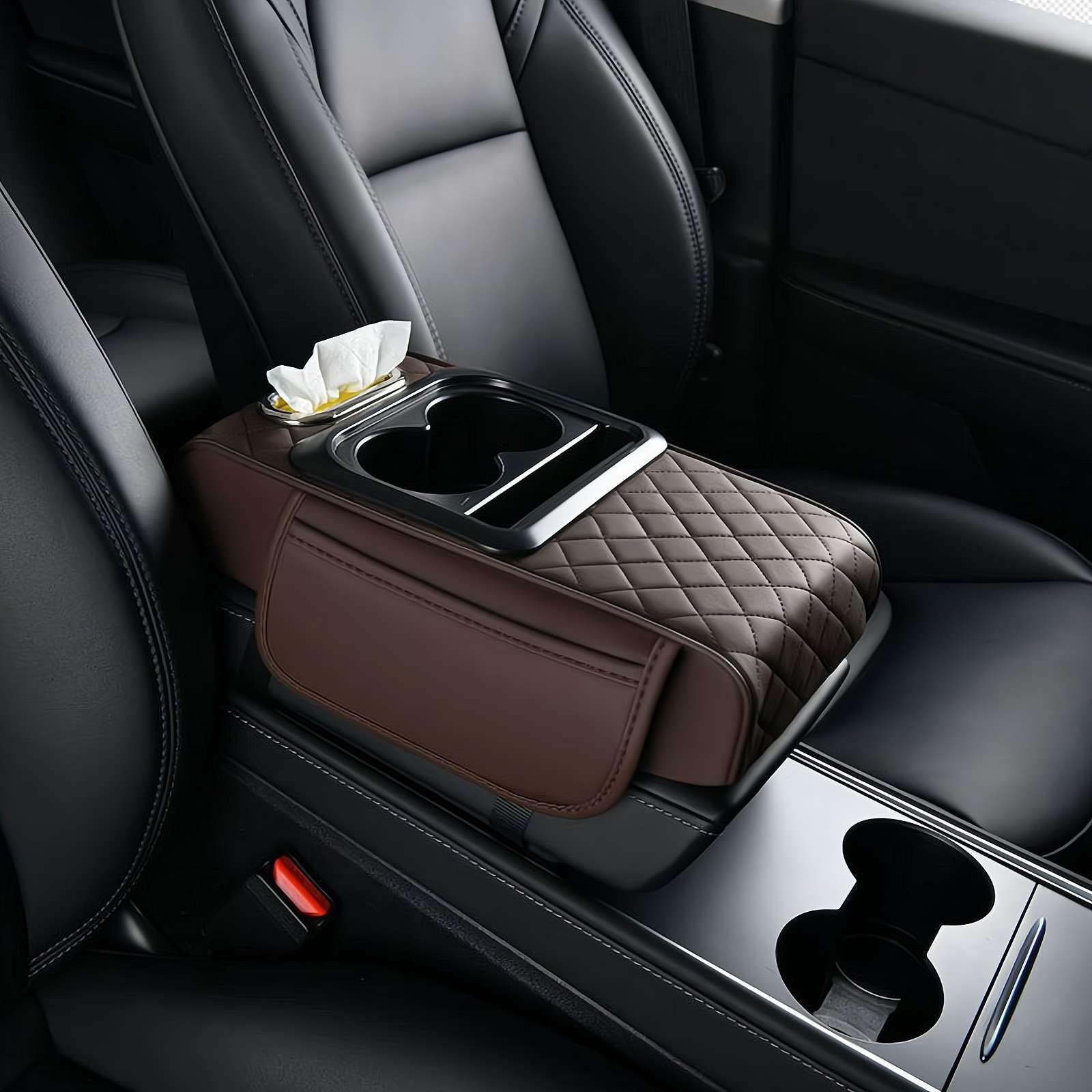 Tapis d'accoudoir de voiture multifonction en cuir synthétique, housse 5 en 1 pour console centrale, avec 2 sacs de rangement, porte-gobelet, fente pour boîte à mouchoirs, fente pour téléphone