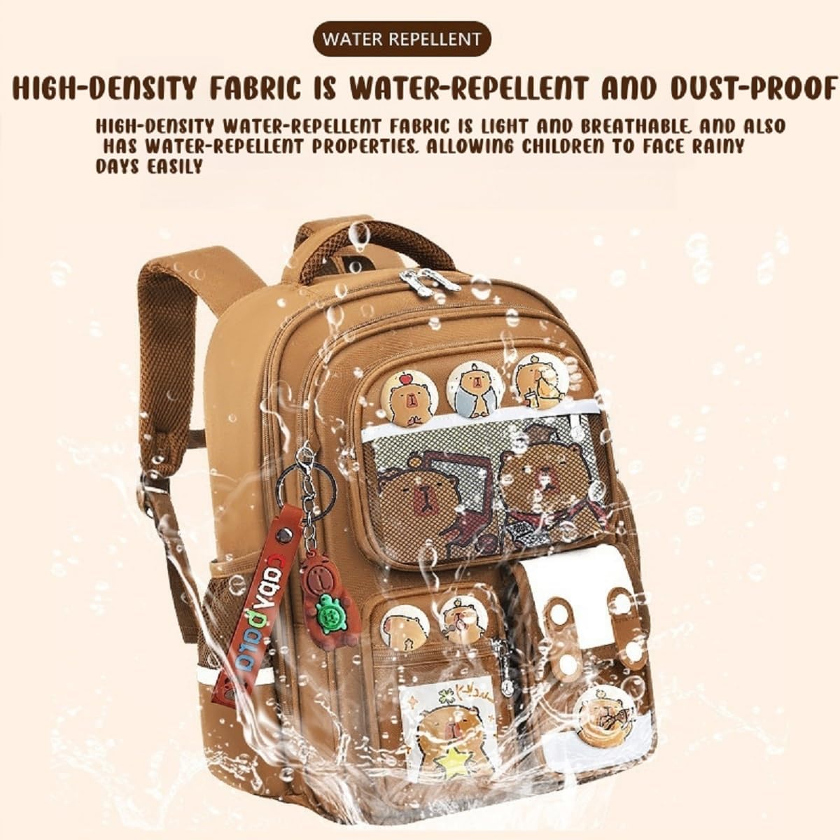 Capybara Backpack Cute Kawaii Backpack 3Pcs Set with Lunch Bag and Pencil Case, Keychain, Funny Going Out Cartoon Bag (Khaki)