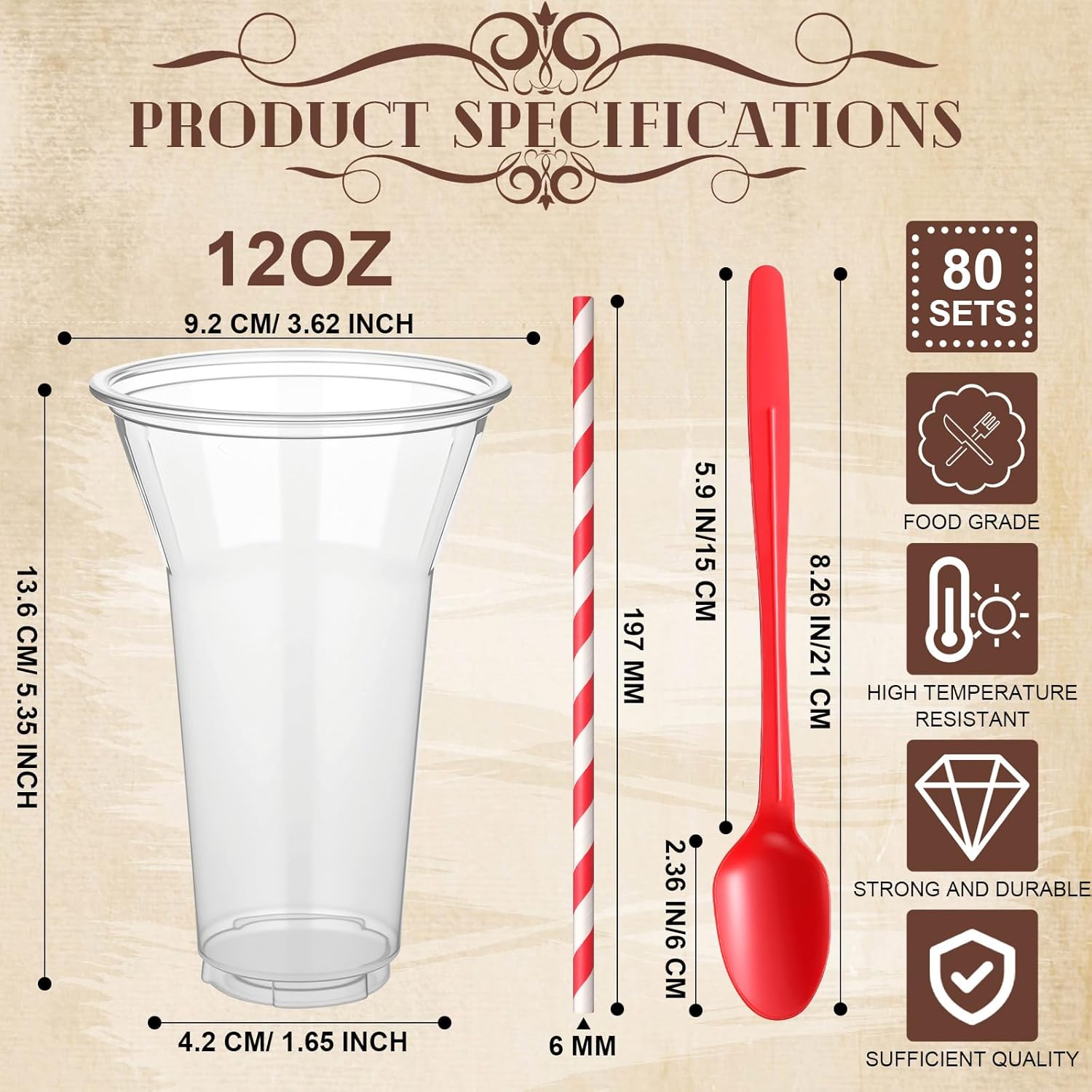 80 Sets Disposable Utensils, 12 oz Plastic Root Beer Float Cups Parfait Cups, 8.27 Inch Sundae Spoons and Striped Paper Straws Plastic Utensils Party Supply for Ice Cream Cold Drinks