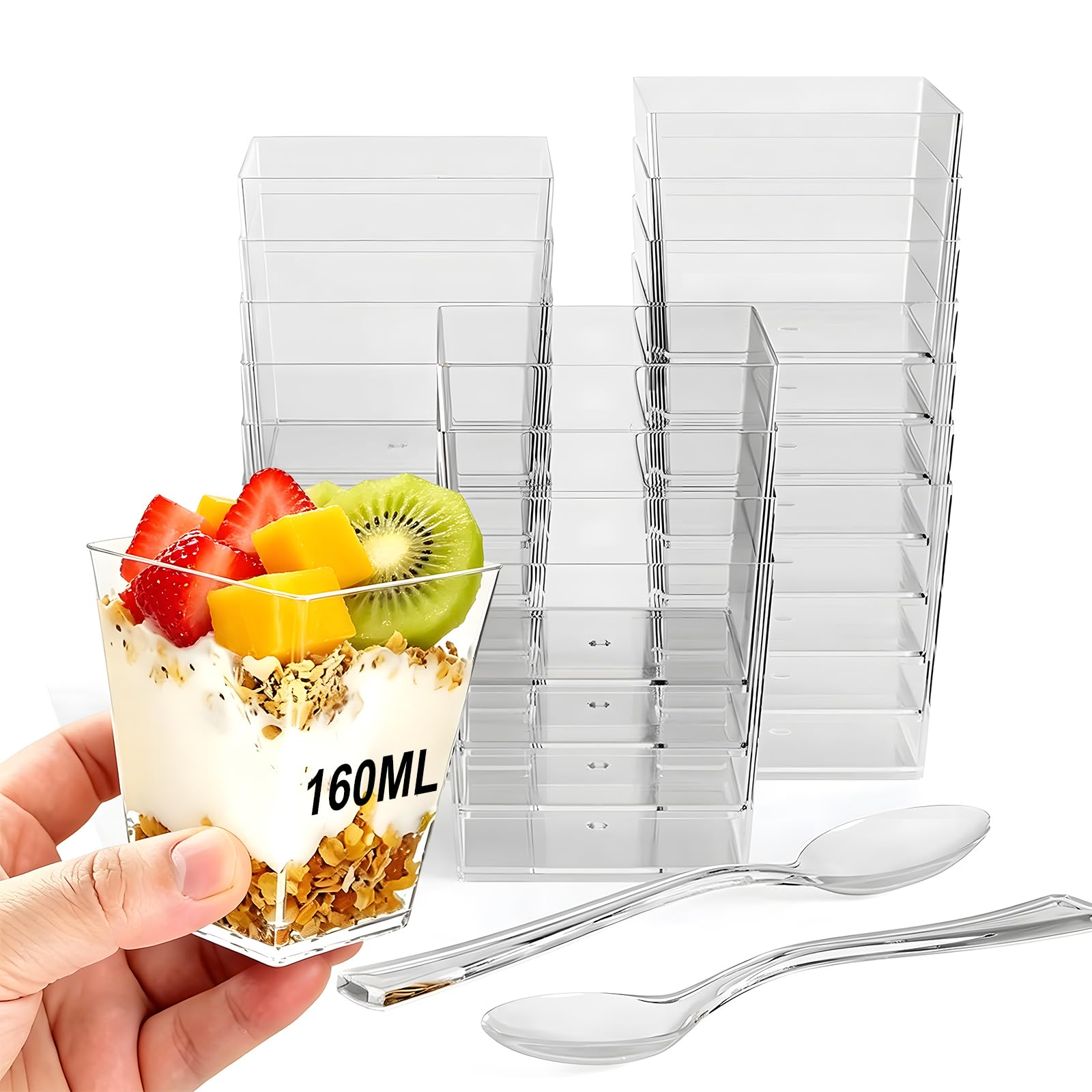 50 sztuk szklanek deserowych, 5 oz/160 ml przezroczyste miseczki deserowe kubki plastikowe, jednorazowe kubki deserowe, filiżanki deserowe do deserów, puddingów, musów, lodów
