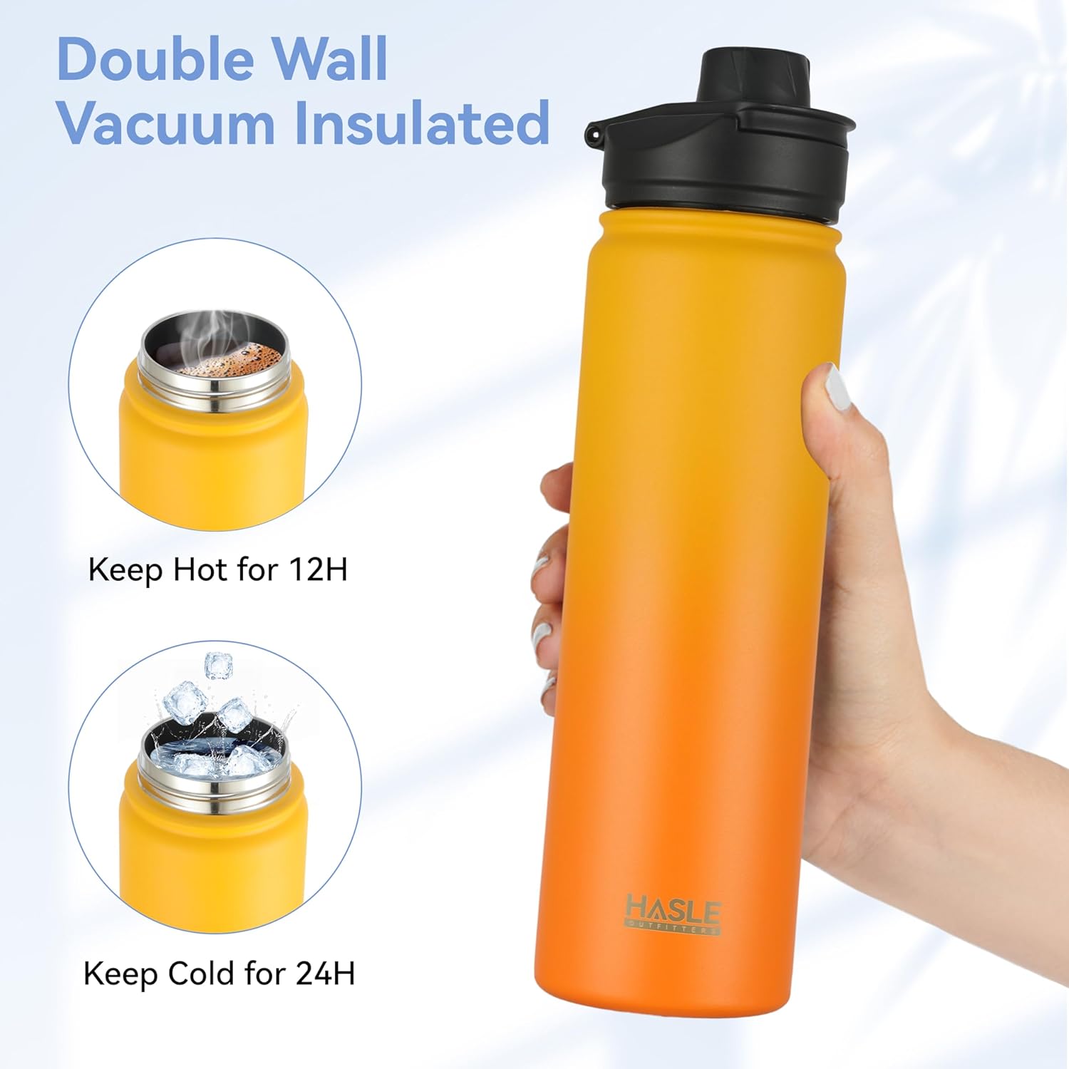 HASLE OUTFITTERS Insulated Water Bottle 22 oz Double Wall Stainless Steel Water Bottle Wide Mouth with Straw Lid & Spout Lid Keeps Cold or Hot(Yellow Orange Gradient,1) - Image 6