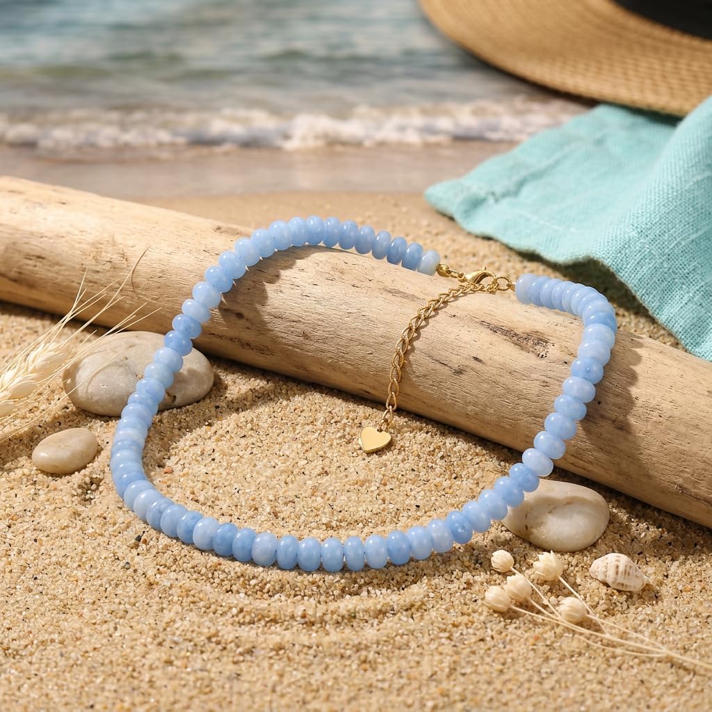 Aquamarine Beaded Necklace for Women, Boho Blue Gemstone Choker for Summer Beach Outfits, Handmade Natural Stone Beaded Necklaces for Layering, Trendy Jewelry Gift for Mother's Day