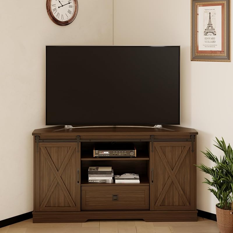 Corner TV Stand for 65 Inch TV - with Sliding Barn Door - Wood Entertainment Center - Media Console Cabinet - 58"x15.7"x31"H, Walnut