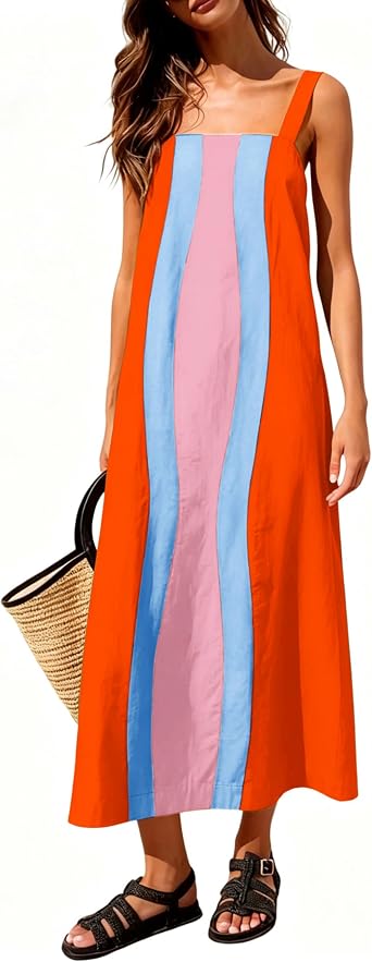 Ailoqing 2026 Women Boho Floral Dress Summer Casual Color Block Maxi Beach Vacation Overall Dresses Coverups