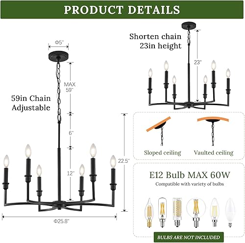 Miniatura 71 de Lámpara de araña negra de 9 luces, lámpara clásica para colgar sobre la mesa para comedor, sala de estar, dormitorio, vestíbulo, isla de cocina