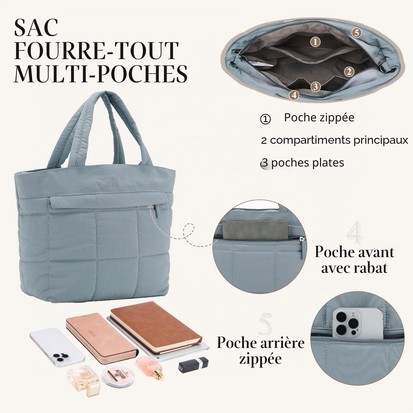 VASCHY Petit Cabas Femme, Léger Multi-poches Sac Bandoulière Femme Matelassé 12,9 Pouces Sac Fourre Tout Sac a Main Tote Bag Fille avec Bandoulière Amovible pour Travail Sport Voyage