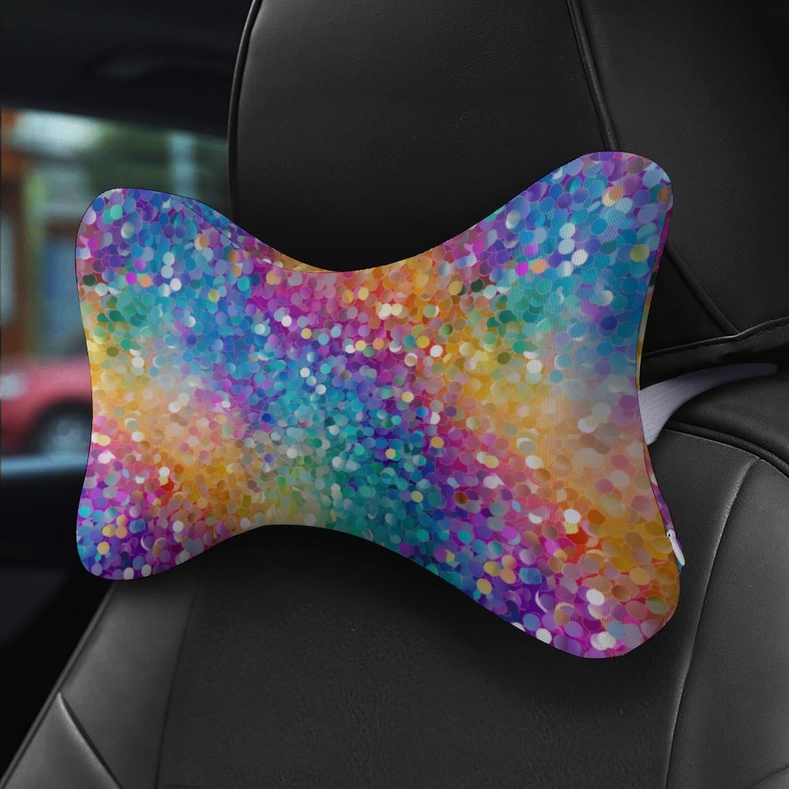 SMAZDFXX Rainbow Glitter Car Neck Pillow Set of 2 Car Seat Head Support Cushion Bone Pillows with Elastic Strap