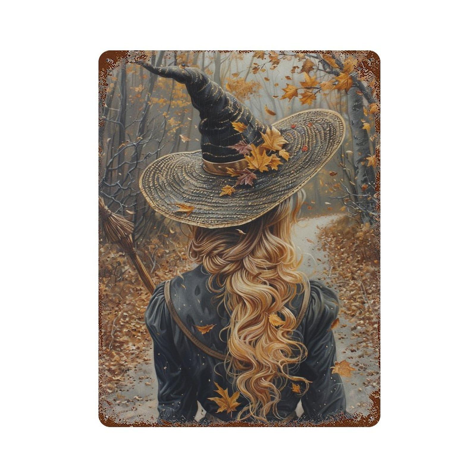 Autumn Witch Hat with Leaves 15.7"x11.8" Decorative Tin Sign, Retro Wall Decor for Bistro, Counter And Cafe Decor