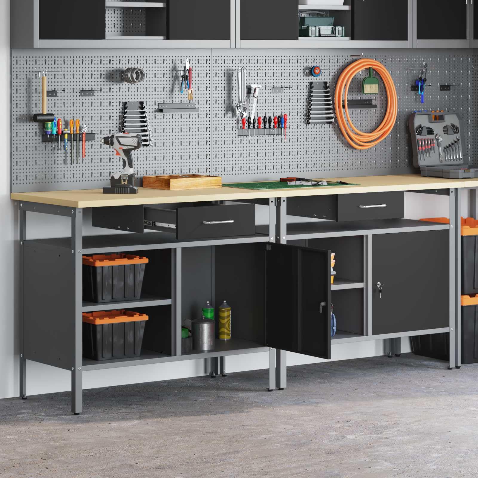 Set di banco da lavoro con scaffale e 2 cassetti in acciaio verniciato a polvere, 200 x 55 x 85 cm, nero e grigio, ideale come tavolo da lavoro, organizer da officina, tavolo di montaggio per