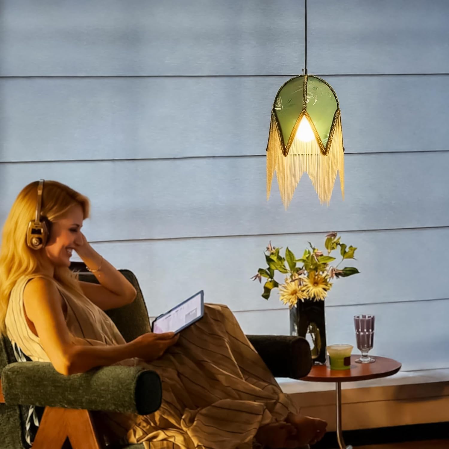 Tassel lampshade -green bead fine tassel table lamp lampshade, 13.8"High artistic living room fabric lamp changing accessory, hand-woven-B