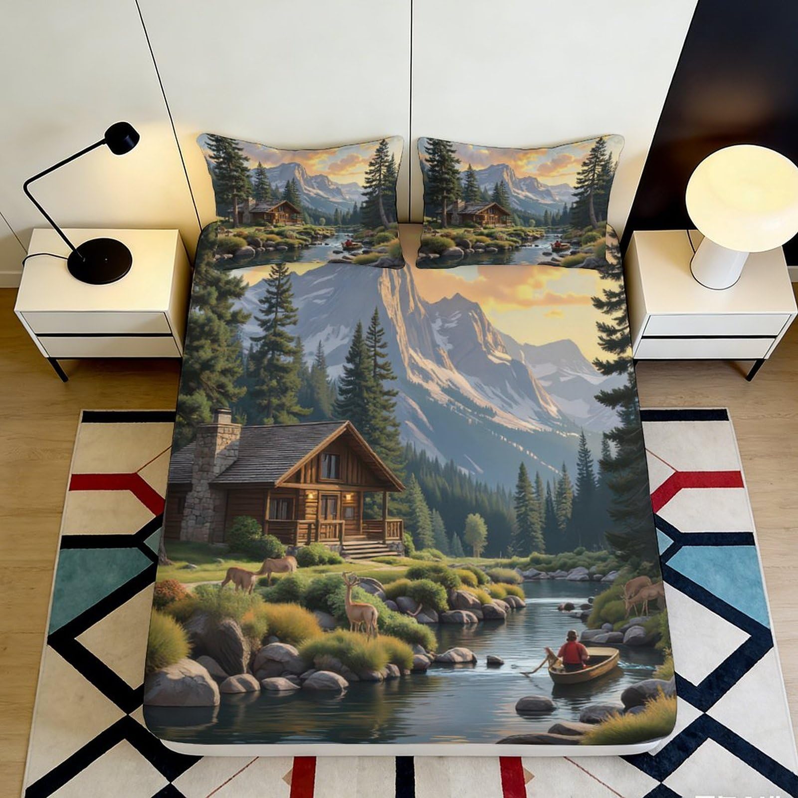 3D Printed Mountain Cabin Fitted Sheet Microfiber Soft Breathable River Landscape Mattress Cover for Bedroom Dormitory Guest Room Protection Decor 160x200x25cm