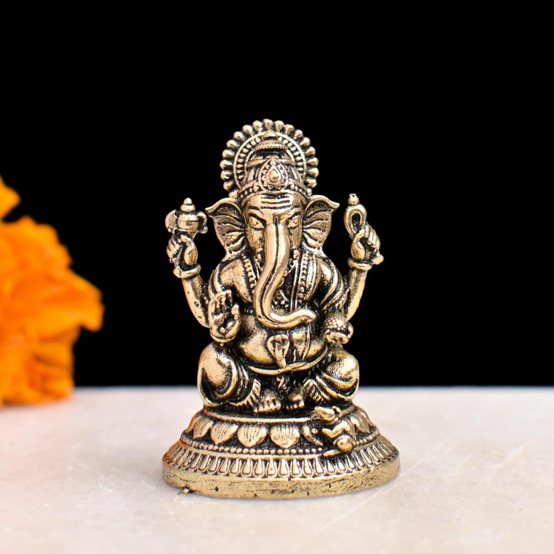 Profound Craft Brass Ganesha Idol for Good Luck & Worship | 1.5" Mini Ganpati Hindu God Statue Figurine Perfect for Car Dashboard Decoration Puja & Gifting Purpose Sculpture (Weight- 14gm)