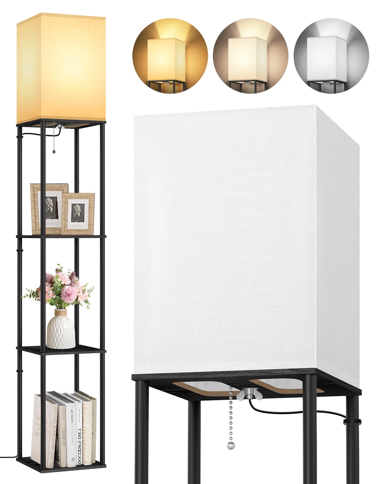 OUTON 3 Layers Floor Lamp with Shelves, Modern Standing Lamp with Wood Shelf, Tall Bookshelf with 3 Color Temperatures, Dimmable LED Reading Lamp for Living Room, Bedroom, Office, Black & Square
