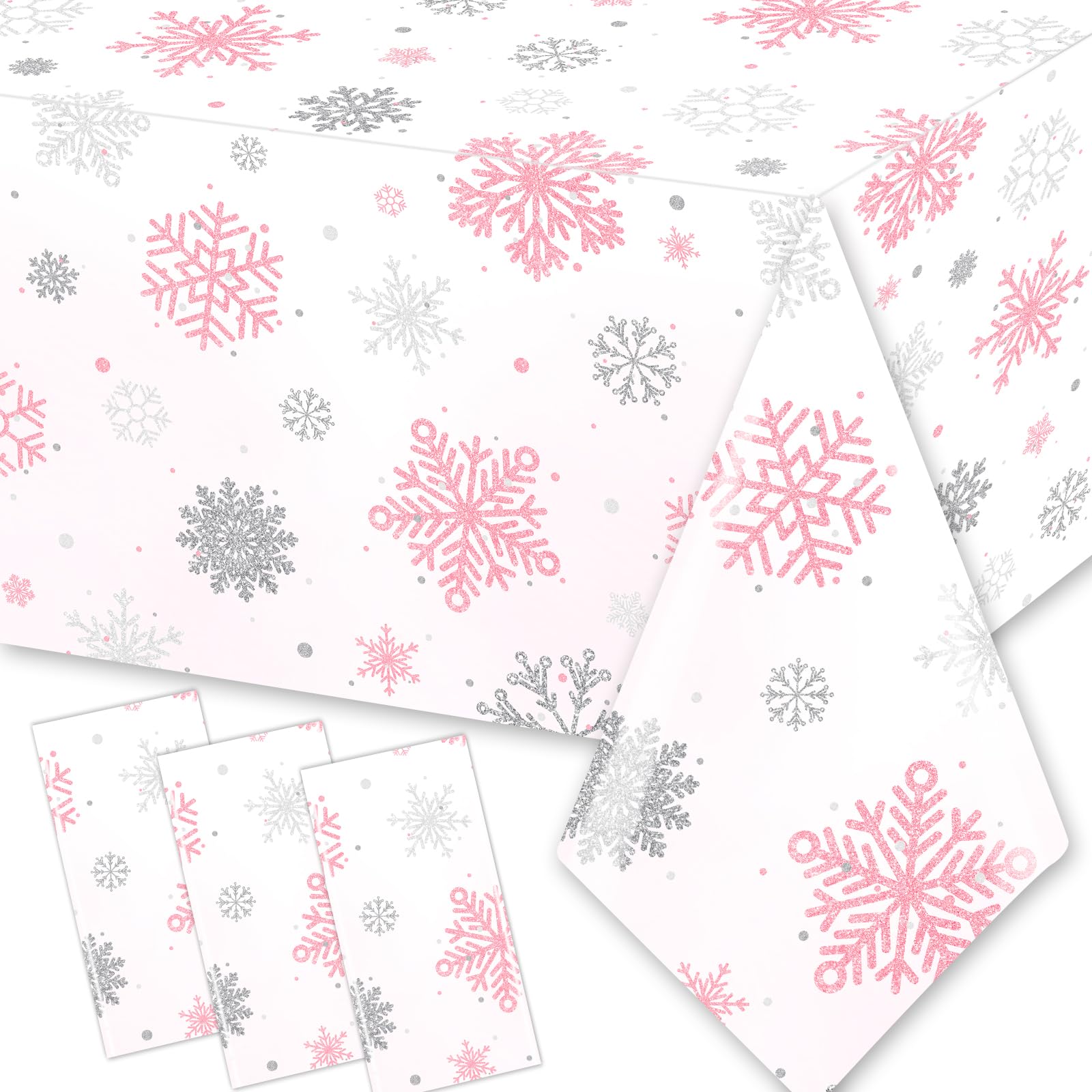 GREHUMOR 3pcs Snowflake Winter Tablecloth Party Decoration Winter Snowflake Pink White Wonderland Theme Table Cover Disposable Plastic Waterproof for