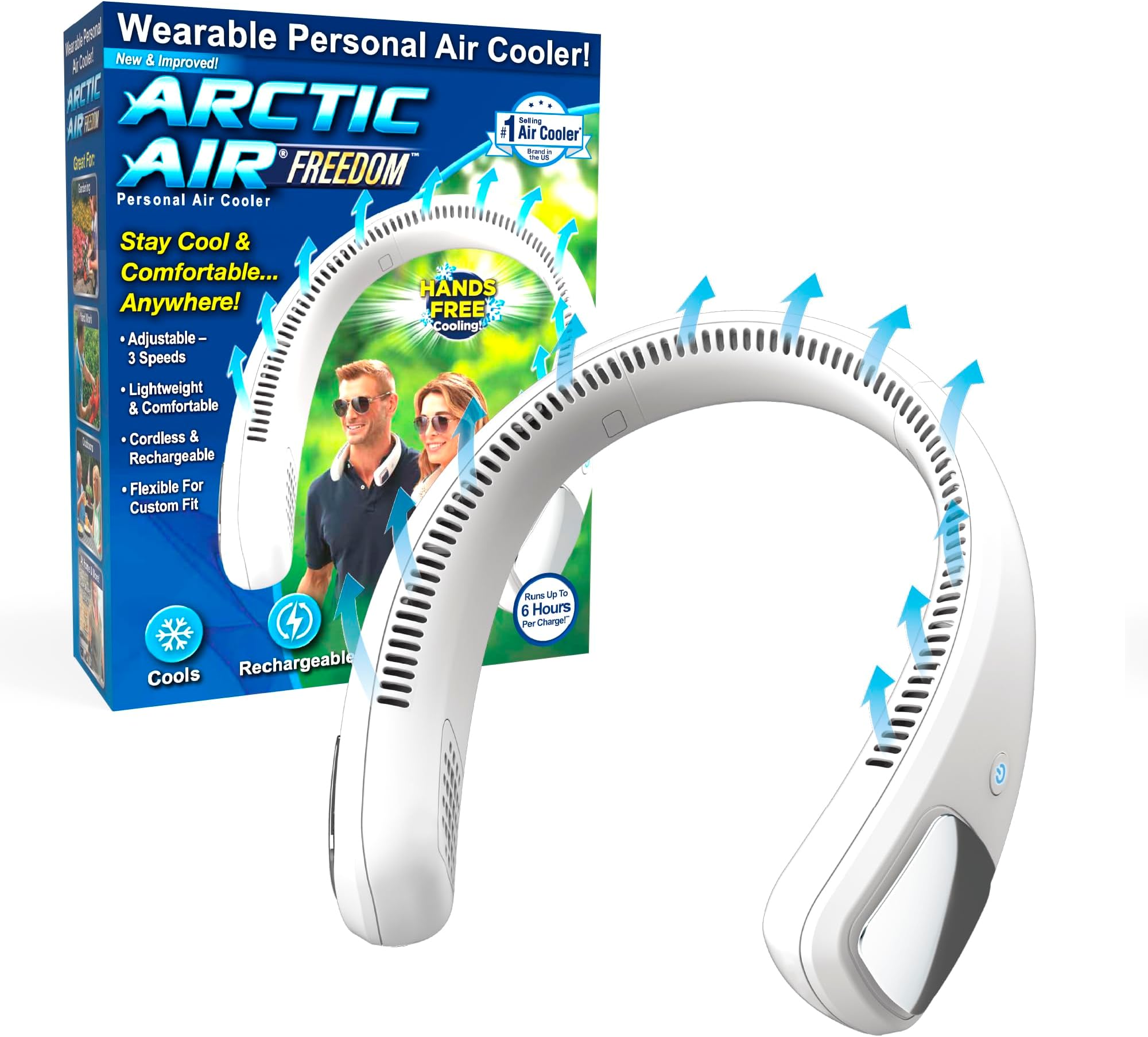 Freedom Personal Air Cooler - Portable 3-Speed Neck Fan, Hands-Free Wearable Design, Lightweight, Cordless And Rechargeable