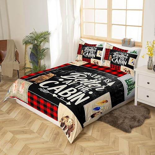 Miniatura 2 de Manfei Juego de funda de edredón de cabaña rústica para niños, tamaño individual, juego de ropa de cama de plumas de oso silvestre y flecha, 2