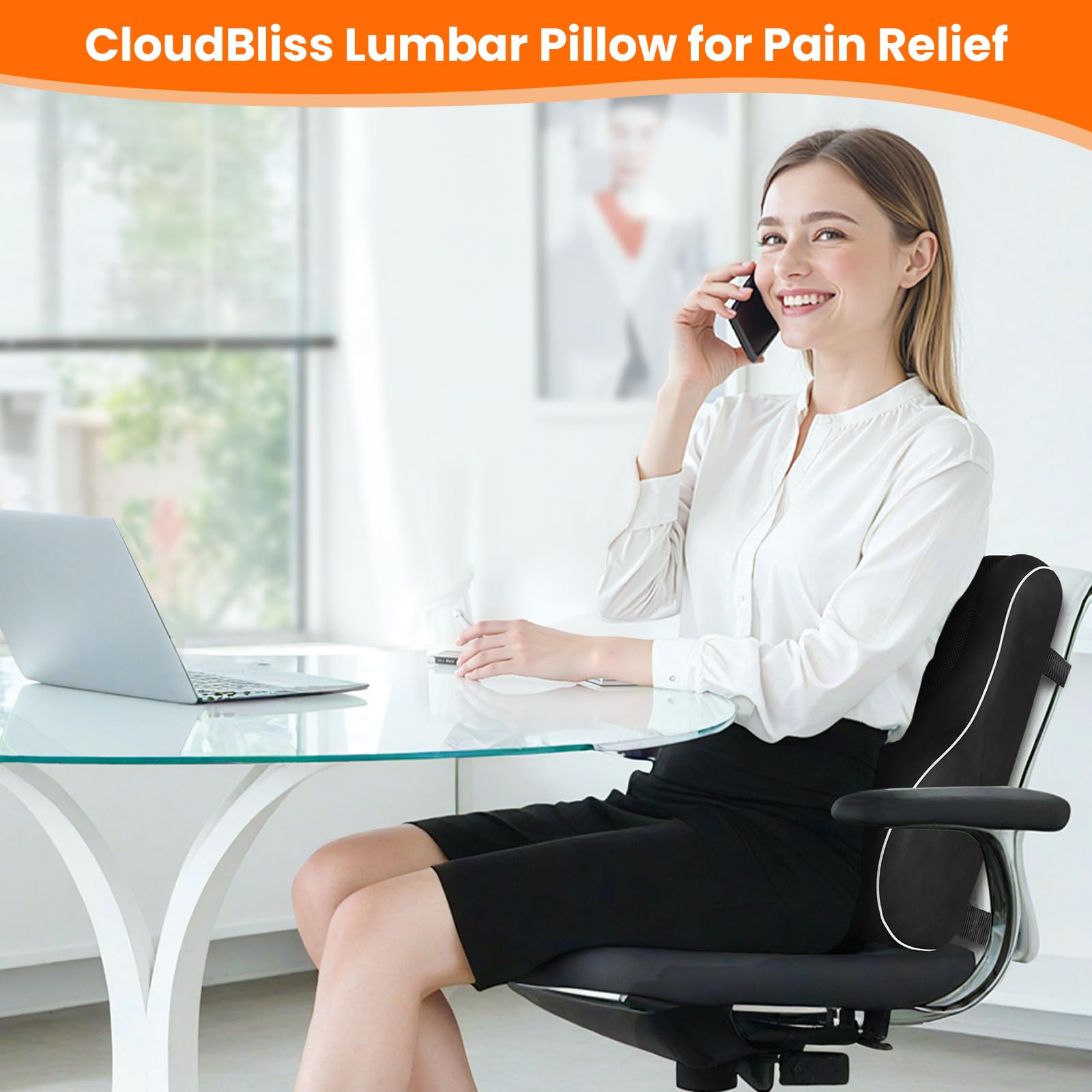 CloudBliss Cuscino ergonomico di supporto lombare, in memory foam, per alleviare il dolore lombare, cinghie regolabili e copertura in rete per ufficio, giochi, auto e oggetti essenziali per la casa