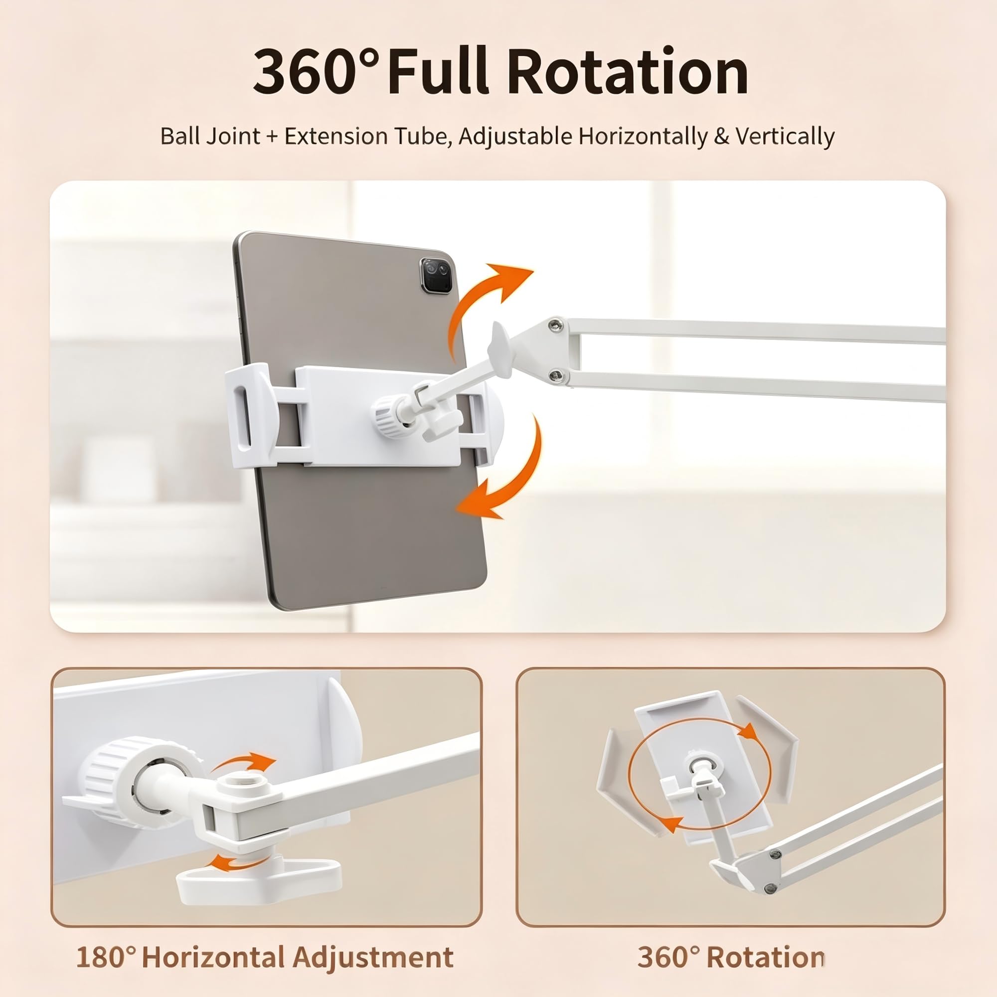 Supporto per Tablet da Pavimento [Altezza&Angolo Regolabili] 360° Rotazione Supporto in metallo Regolabile Base Resistente per iPad Pro o altri dispositivi da 4,7-12,9 pollici (Bianco)