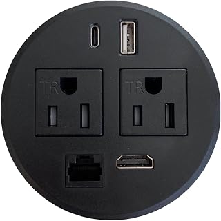 UL Listed Power Plug in-Desk Power Center Table Top Grommet Furniture Power Data Hub-2 USB Port, 2 AC Power, 1 HDMI, 1 CAT6 Port Conference Table Connectivity Box (DC8689-Round-Black)