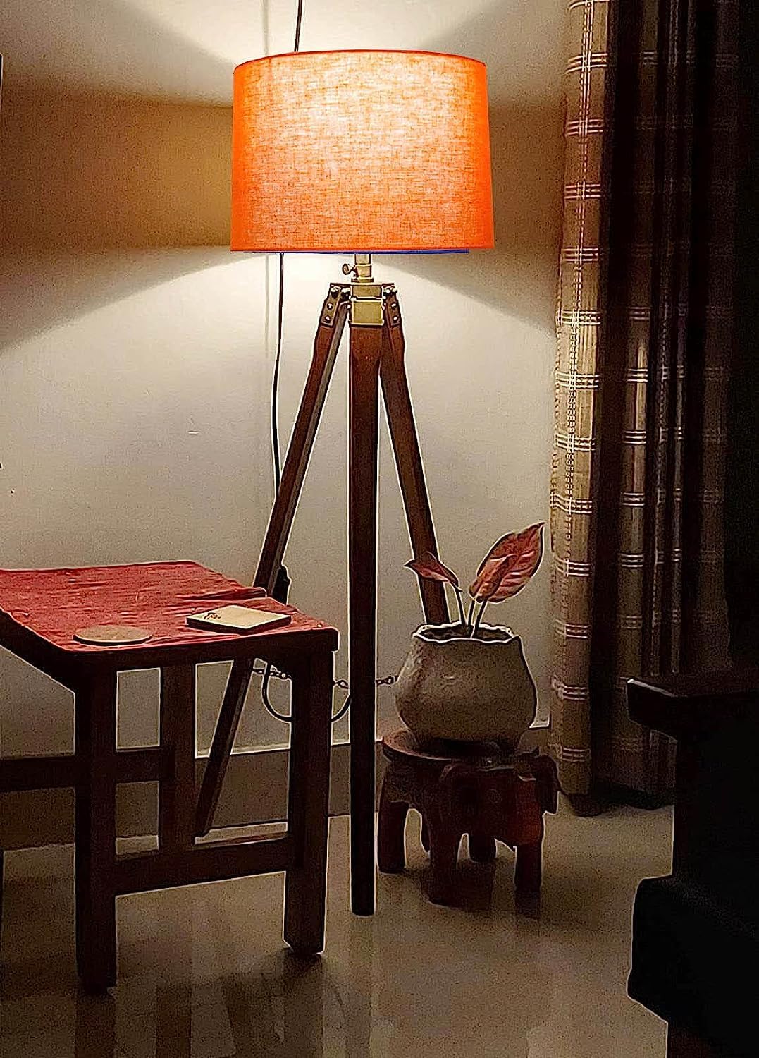 Lamp World Wooden Tripod Adjustable Floor Lamp for Living Room, Home Decoration, Pack of Lamp in Orange Shade-image-24