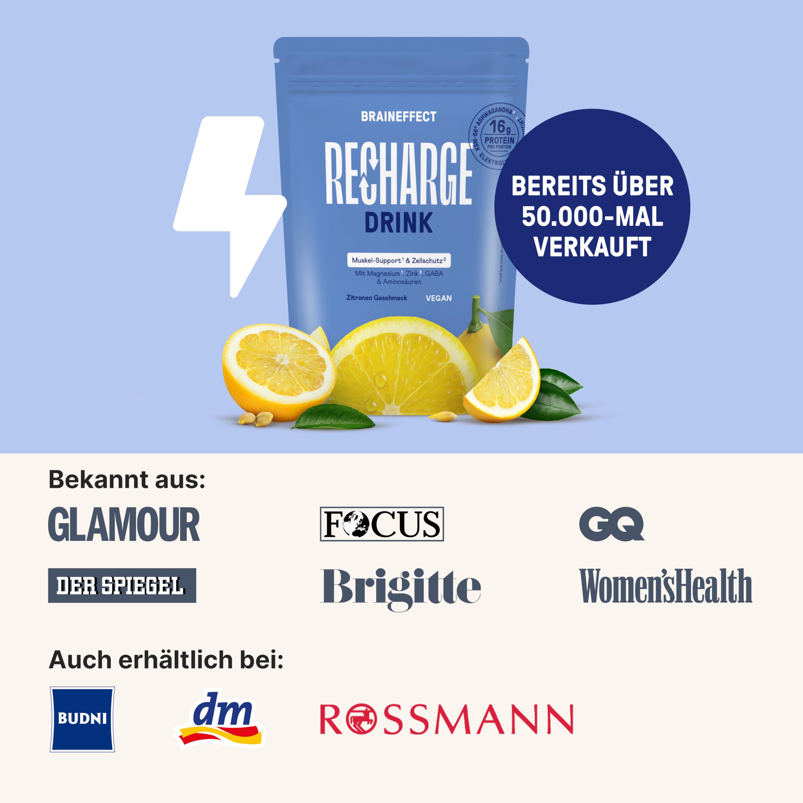 BRAINEFFECT RECHARGE - Premium Hydratationsmischung [360g] - Elektrolyte Ohne Zucker (Mit Stevia) + EAA & BCAA Pulver - Isotonisches Getränkepulver mit Aminosäuren - Zitronen Geschmack