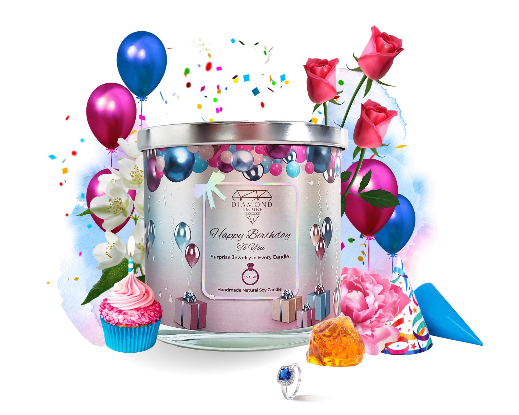 Diamond EmpireHappy Birthday Candle with Surprise Jewelry Inside (Surprise Jewelry Valued up to $3,500) 2 Wick Candle (Burn up to 120 H) (Necklace)