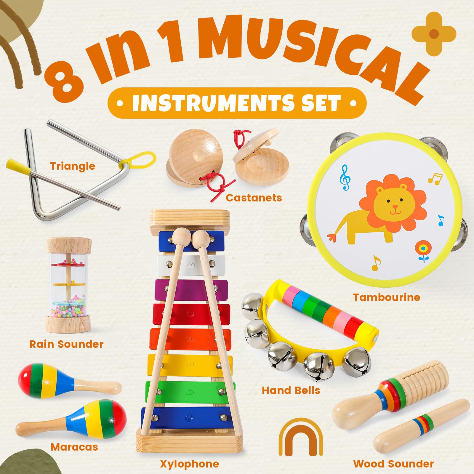 Baby Musical Instruments – Xylophone for Toddlers 1-3, Toddler Gifts Wooden Rainbow Colors Kids Montessori Musical Instruments Set with Tambourine for Baby Girls Boys Birthday Gifts