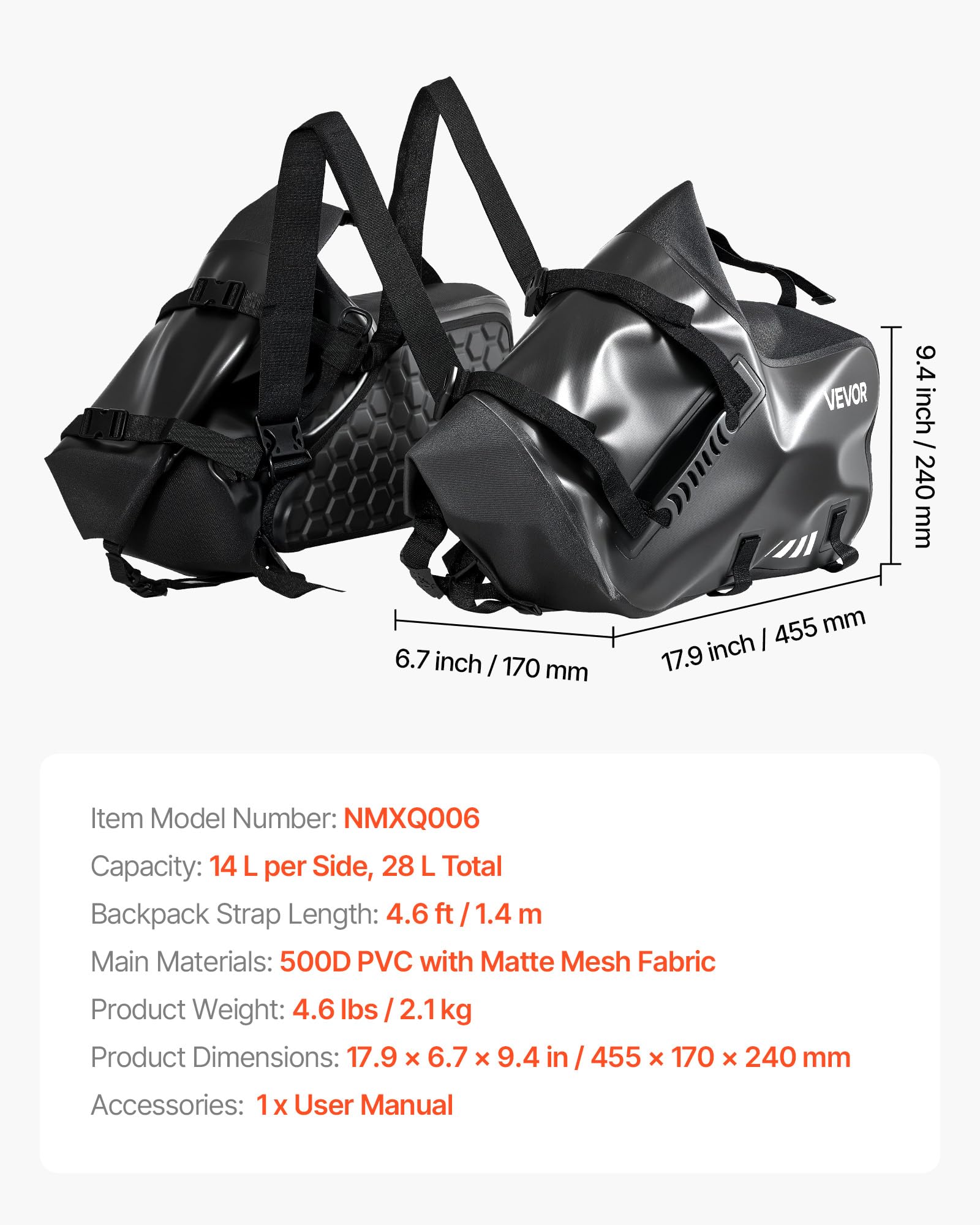 VEVOR Borsa da Sella Laterale per Moto, 28 L Borsa a Tracolla con Cinghia Inferiore, Compatibile con Maggior Parte delle Motociclette, Portabagagli per Moto Sportive all'Aperto, Nero