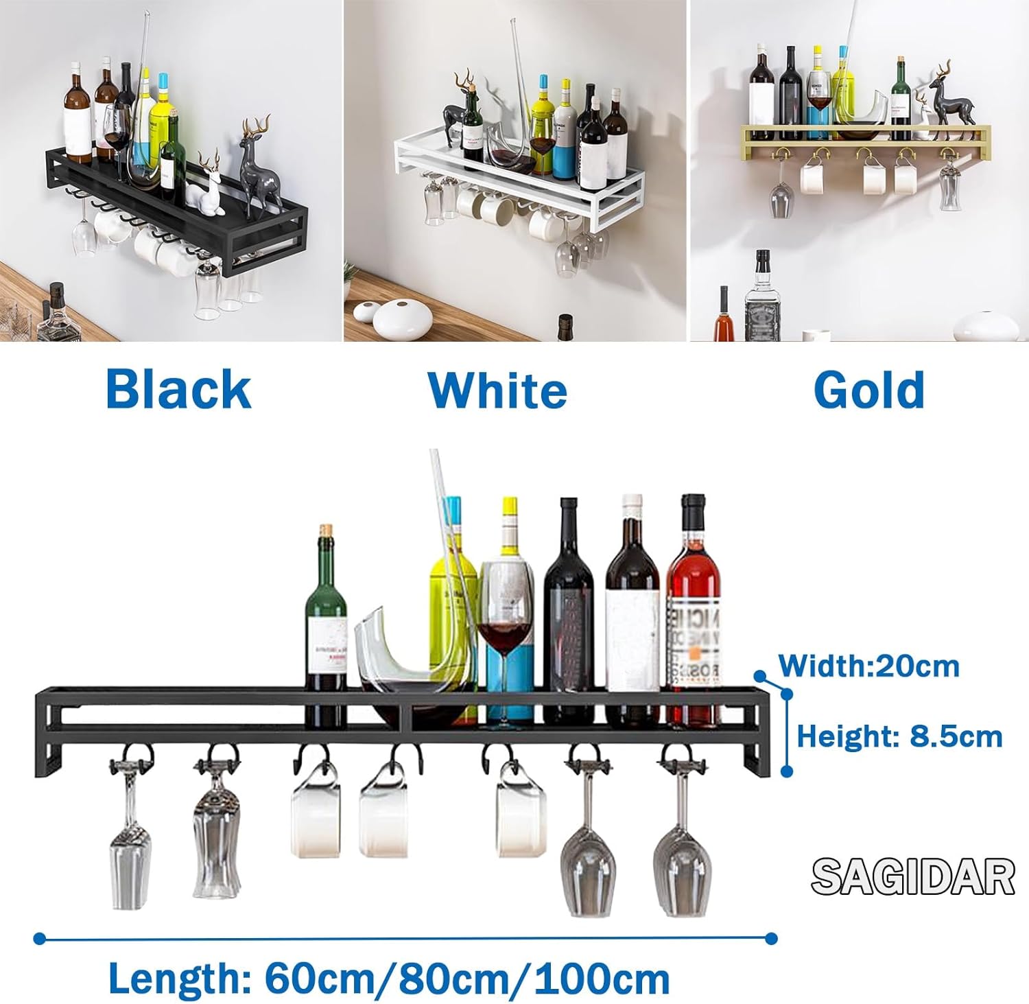 Wine Glass Holder Support Wall-Mounted Wine Racks 60/80/100cm Floating Storage for Home Bar High Load Capacity Black/White/Gold Finish Perfect for Café & Restaurant