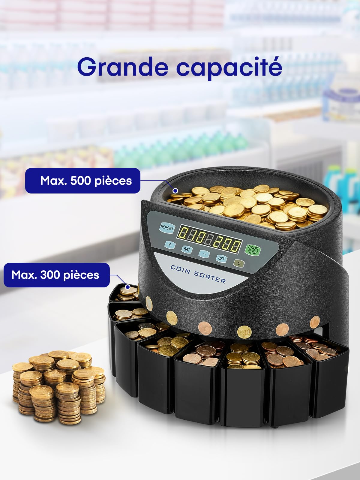 Compteuse de Pièces Euro, Trieuse Monnaie 800 Pièces, Machine à Compter avec 8 Bacs, Noir