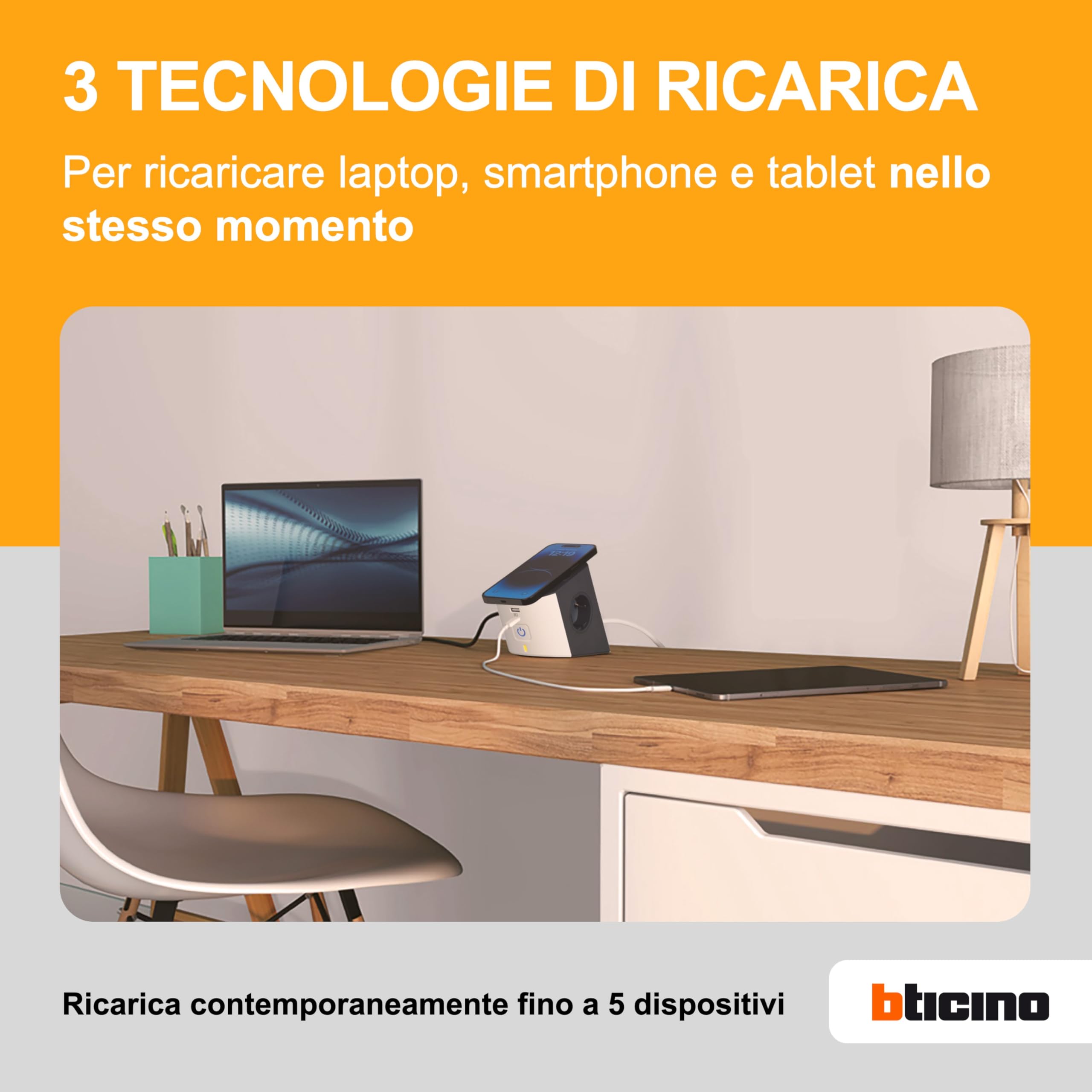 BTICINO Multipresa Desktop S3714DBUW, Multipresa Elettrica 5 Posti, Caricatore Wireless 15W, Prese USB A+C, 2 Prese Schuko, Ciabatta Elettrica con Interruttore e Led, Spina Piccola 10A, Cavo 2 Metri
