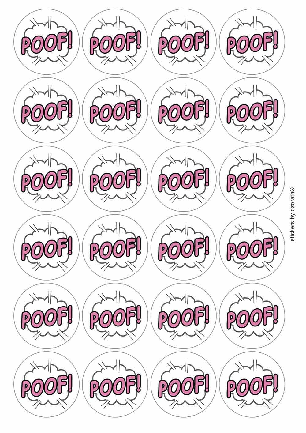 Poof! Circular Matt Paper Stickers A4 Sheet of 24 (Each Sticker is 45mm Diameter)