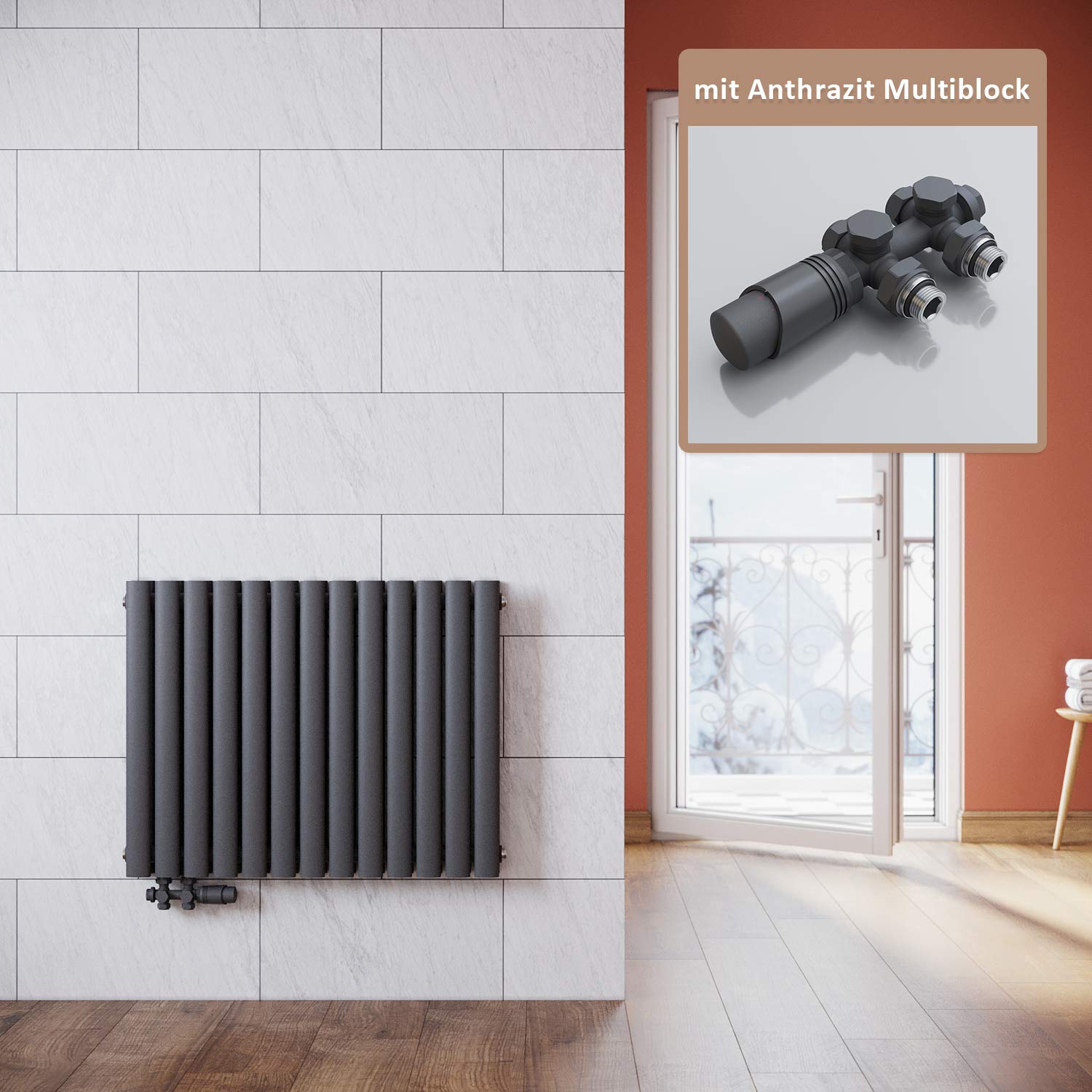 ELEGANT Grzejnik nowoczesny antracyt 600 x 767 mm z antracytowym multiblokiem termostat design grzejnik poziomy, dwuwarstwowy grzejnik rurowy, przyłącze środkowe