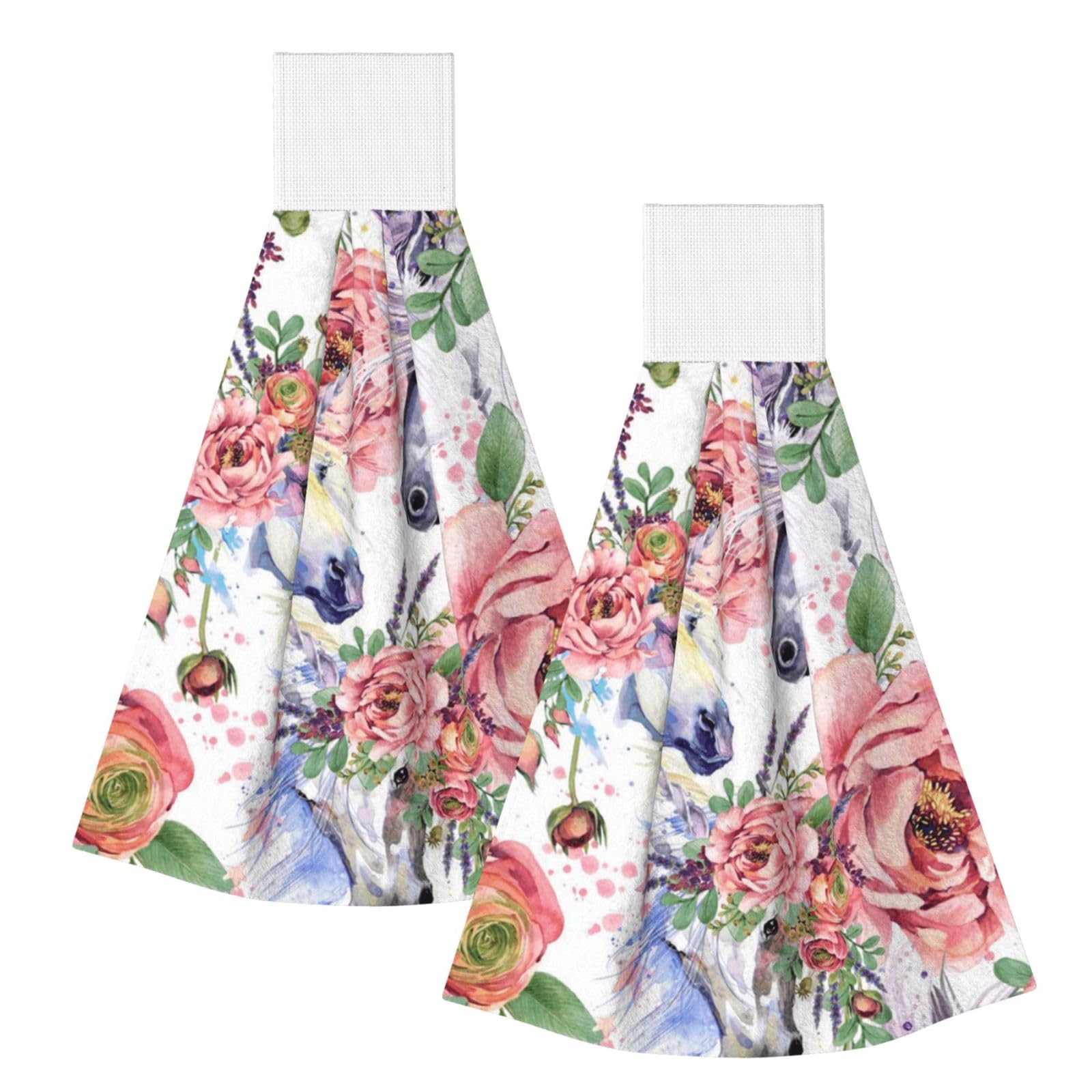 DOPKLNA Watercolor Horse Roses Flowers, 2 Pcs Hanging Coral Fiber Hand Towels for Bathroom, Absorbent Kitchen Towels