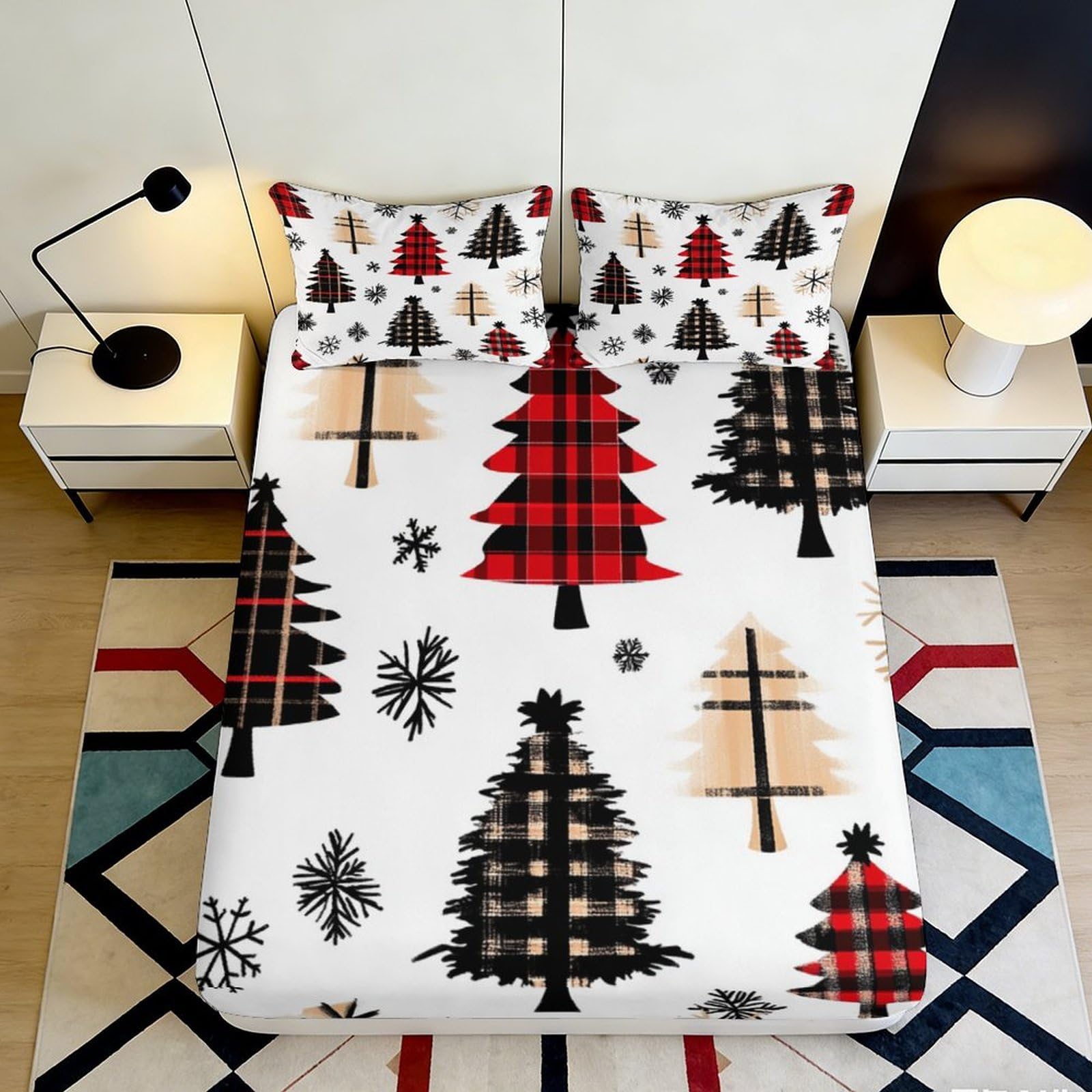 3D Printed Plaid Christmas Tree Fitted Sheet Microfiber Soft Breathable Snowflake Bed Cover for Bedroom Guest Room Decor 90x200x25cm