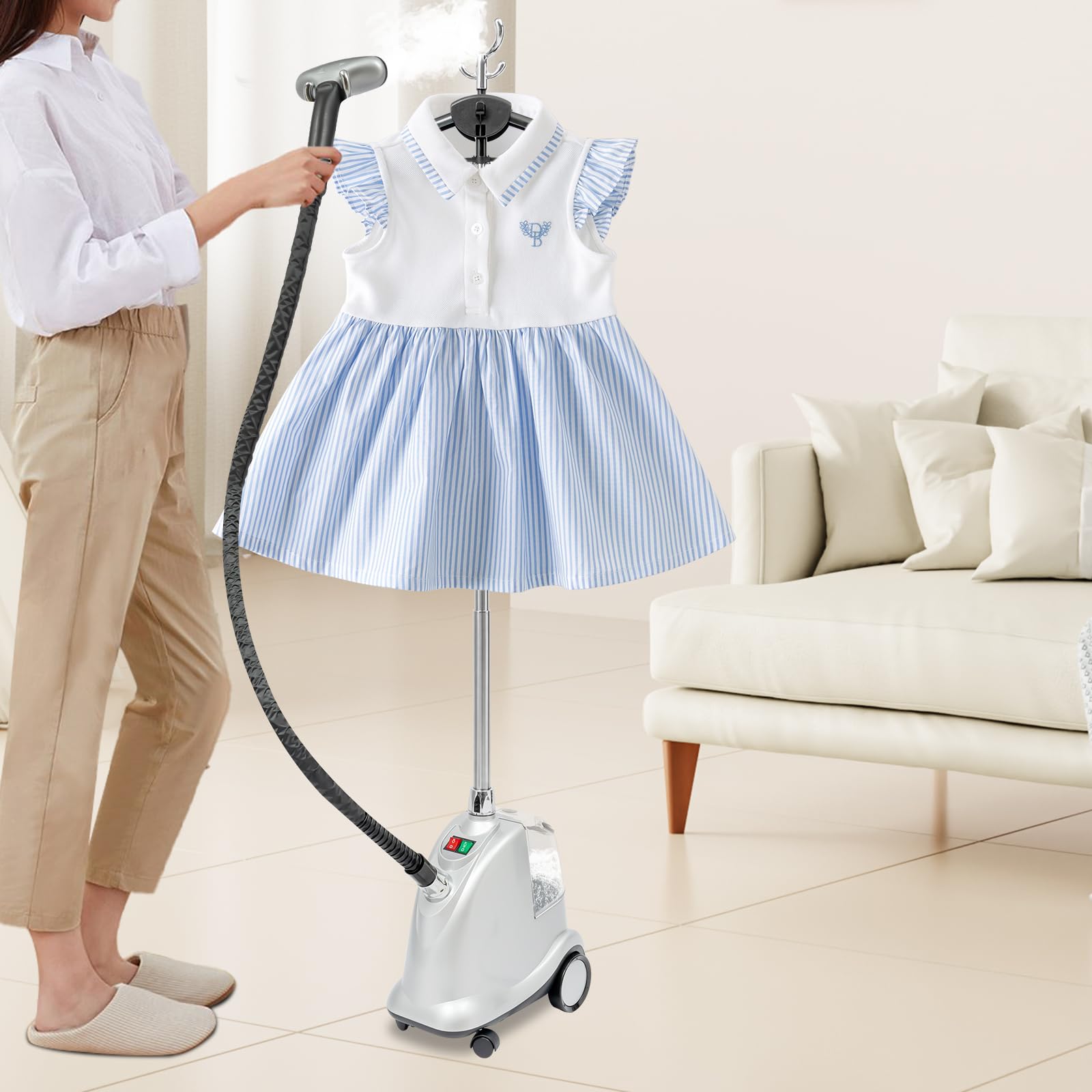 Stand-Dampfglätter 2200W Stehender Kleidungsdampfer mit 4 Rollen Professional Stand Dampfbügler Garment Steamer mit 3L Wasserspeichertank Vertikaler Dampfglätter für Anzüge Gardinen Hemden (Silber)