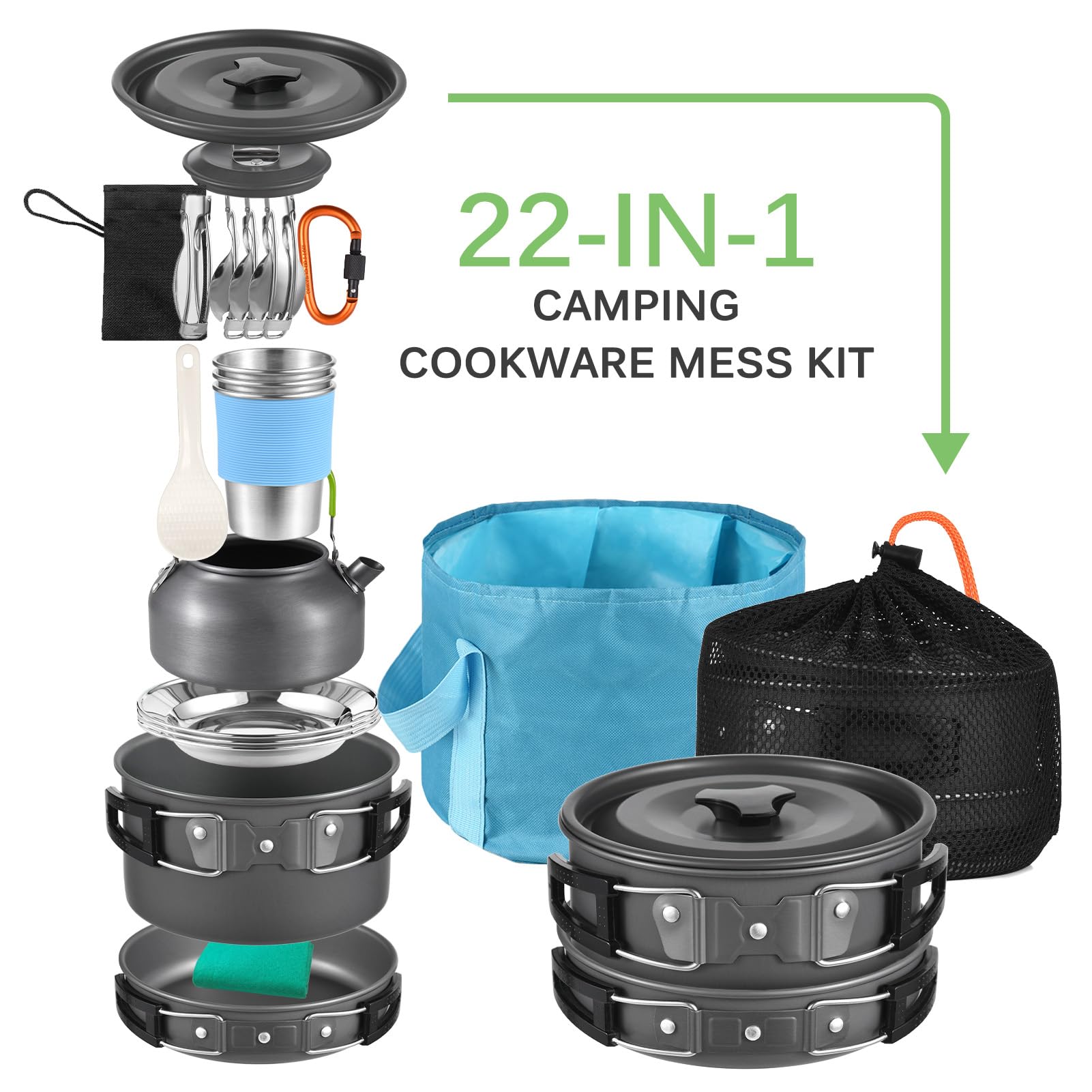Camping Geschirr Set, Aomiun Campinggeschirr Kochset für 3 Personen, 22 Teilig Camping Kochgeschirr Set Camping Topf und Pfannen Kochset für Outdoor Camping Wandern Rucksackreisen