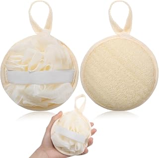 Nogeqi 2 Pieces Natural Loofah Sponges 12.5cm Loofah Peeling Sponge with Suspension Natural Sponge Round for Women and Men Body Scrub
