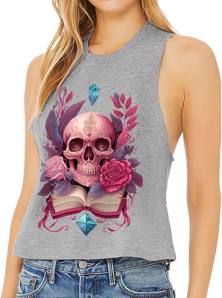 Skull Print Racerback Cropped Tank - Flower Women's Tank - Book Design Tank Top - Athletic Heather, M