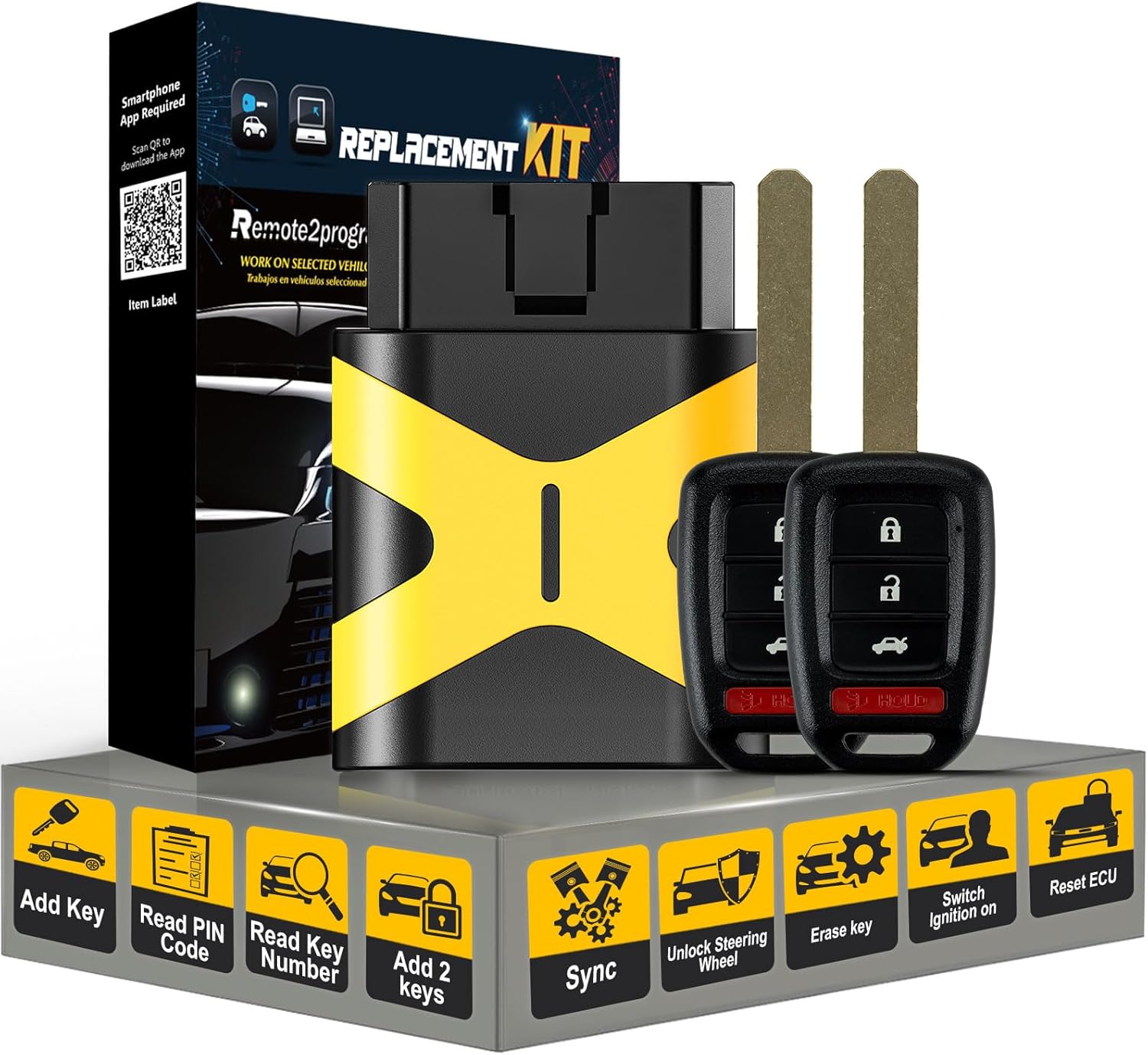 Add 2 Keys DIY Programming Car Key Kit and Uncut Car Key Replacement for Replacement for Honda Civic/Accord/HR-V/Fit with FCC: MLBHLIK6-1T (4 BUTTON/MLBHLIK6-1T)