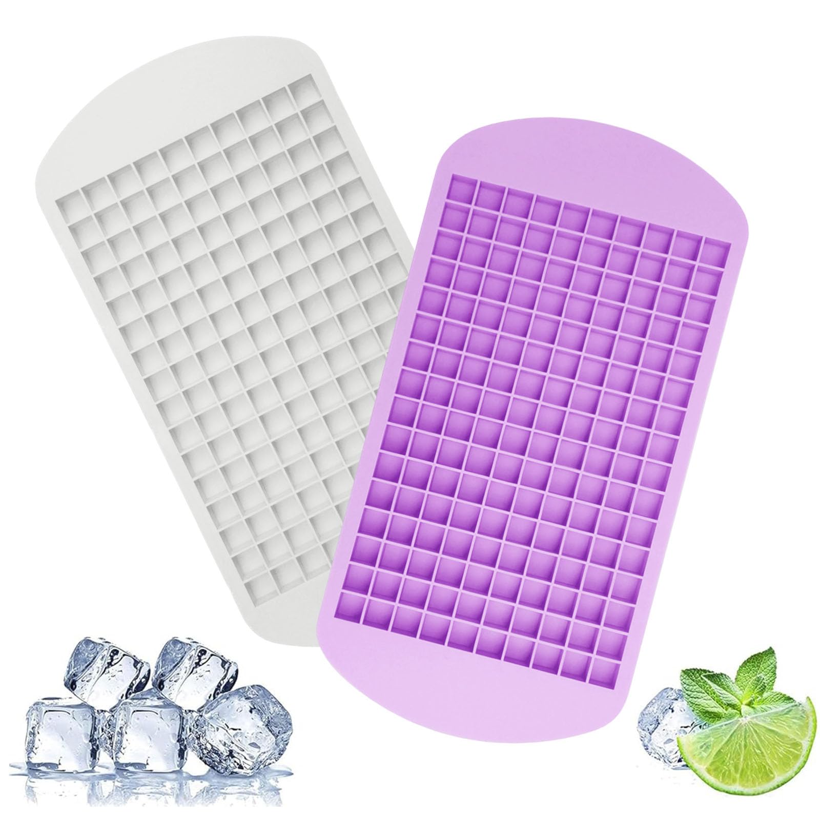 Mini Ice Cube Trays, 2 Pcs Small Ice Cube Trays with Silicone Material, Perfect for Baby Food, Cocktails and Dorm Freezers, Compact Design 23.6x11.9cm (White + Purple)