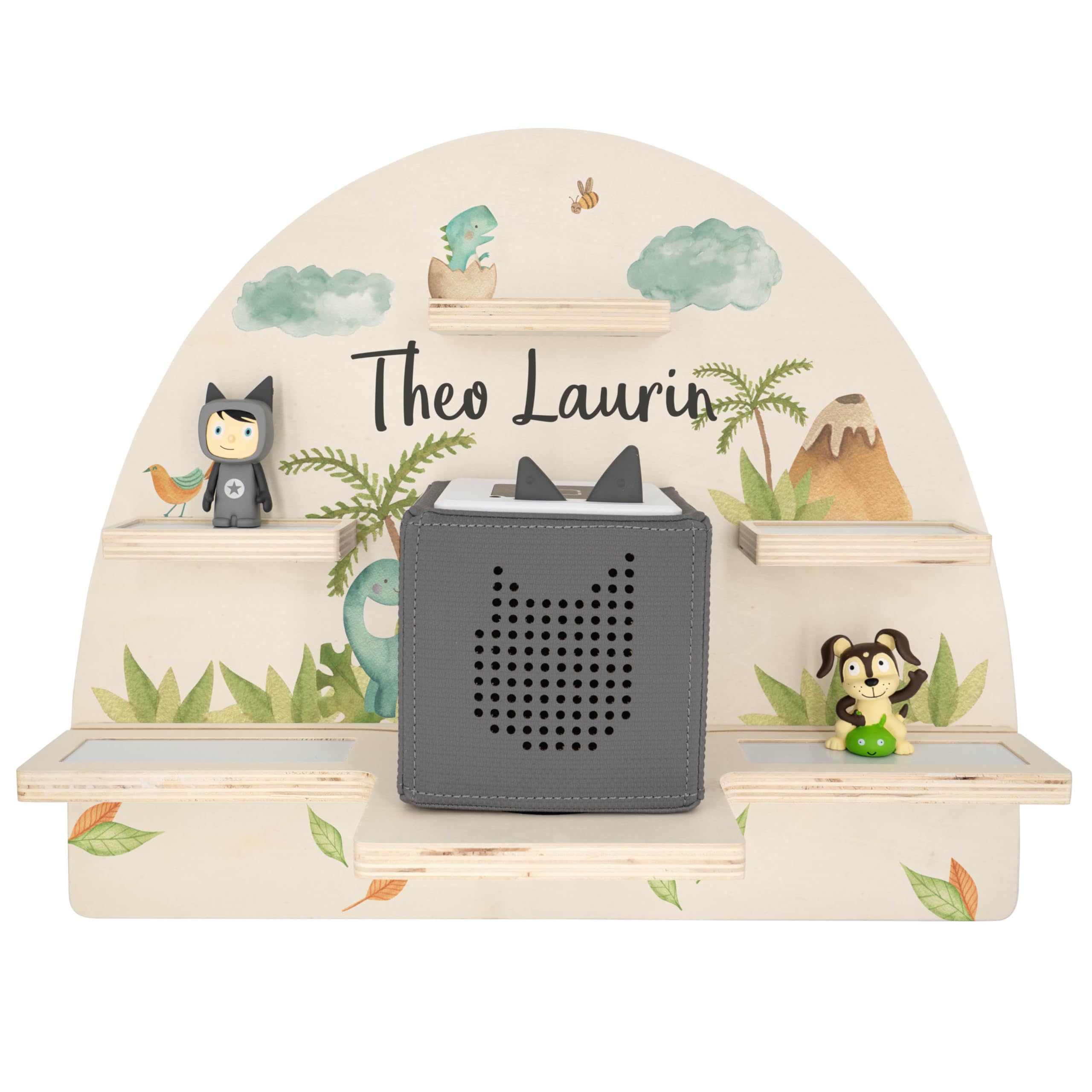 Geschenkfreude Personalisiertes Toniebox Regal für Kinderzimmer - Kinder Wandregal für Tonie Hörfiguren - Magnetisches Tonie Wandregal zur aufbewahrung von Tonieboxen und Figuren – Dino