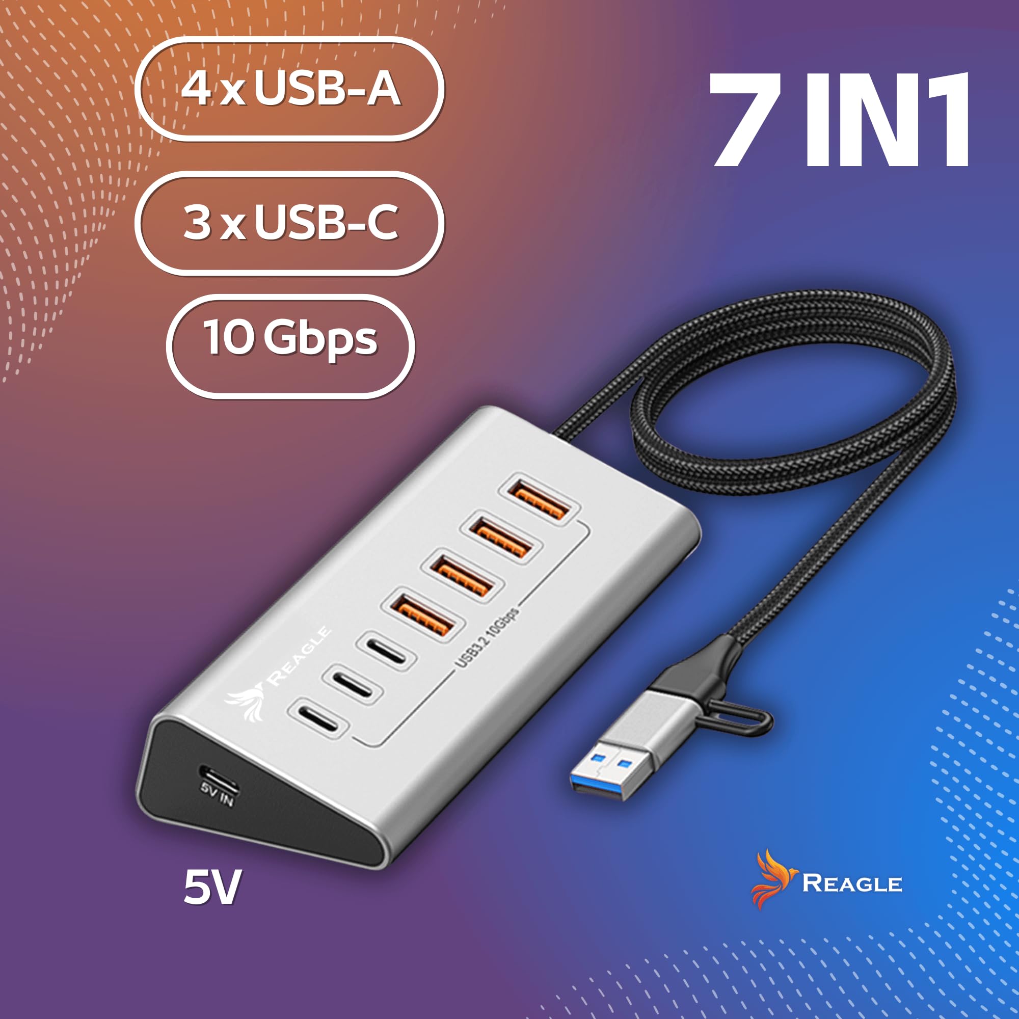 REAGLE Hub a 7 porte, USB 3.2 con cavo da 100 cm per desktop, 7 in 1, 4 x USB-A e 3 x USB-C, Plug and Play, distributore USB in alluminio 10 Gbps, per PC, laptop, MacBook, U-Disk, mouse