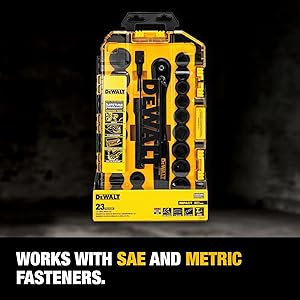 DEWALT Impact Socket Set with Ratchet, Metric/SAE, 1/2" Drive, 23-Piece Set with Case (DWMT74739) 