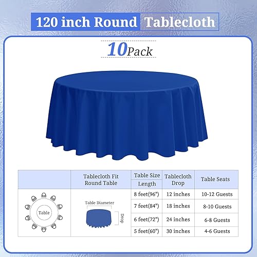 Miniatura 2 de Paquete de 10 manteles redondos de poliéster color azul real, 120 pulgadas, resistente a las manchas y a las arrugas, perfecto para banquetes de