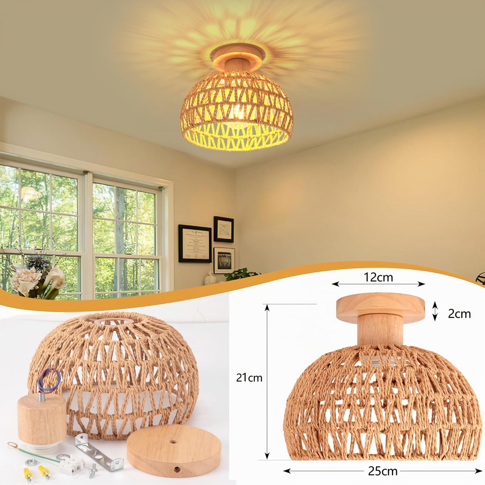 iDEGU 2 Pezzi Lampade da Soffitto in Legno 25cm Paralume Rattan Stile Boho Lampadario da Soffitto E27 Illuminazione Retrò Plafoniera Decorazione per Camera da Letto Ingresso Corridoio Caffè (Marrone)