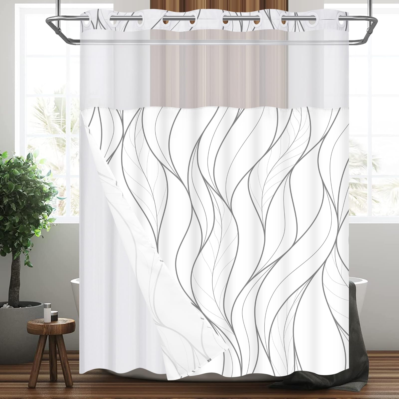 Likiyol White No Hook Shower Curtain with Snap in Liner Modern Hotel Shower Curtain and Liner Set Grey Striped See Through Shower Curtain with Window, Fabric, Double Layer, Washable, 71" x 74"